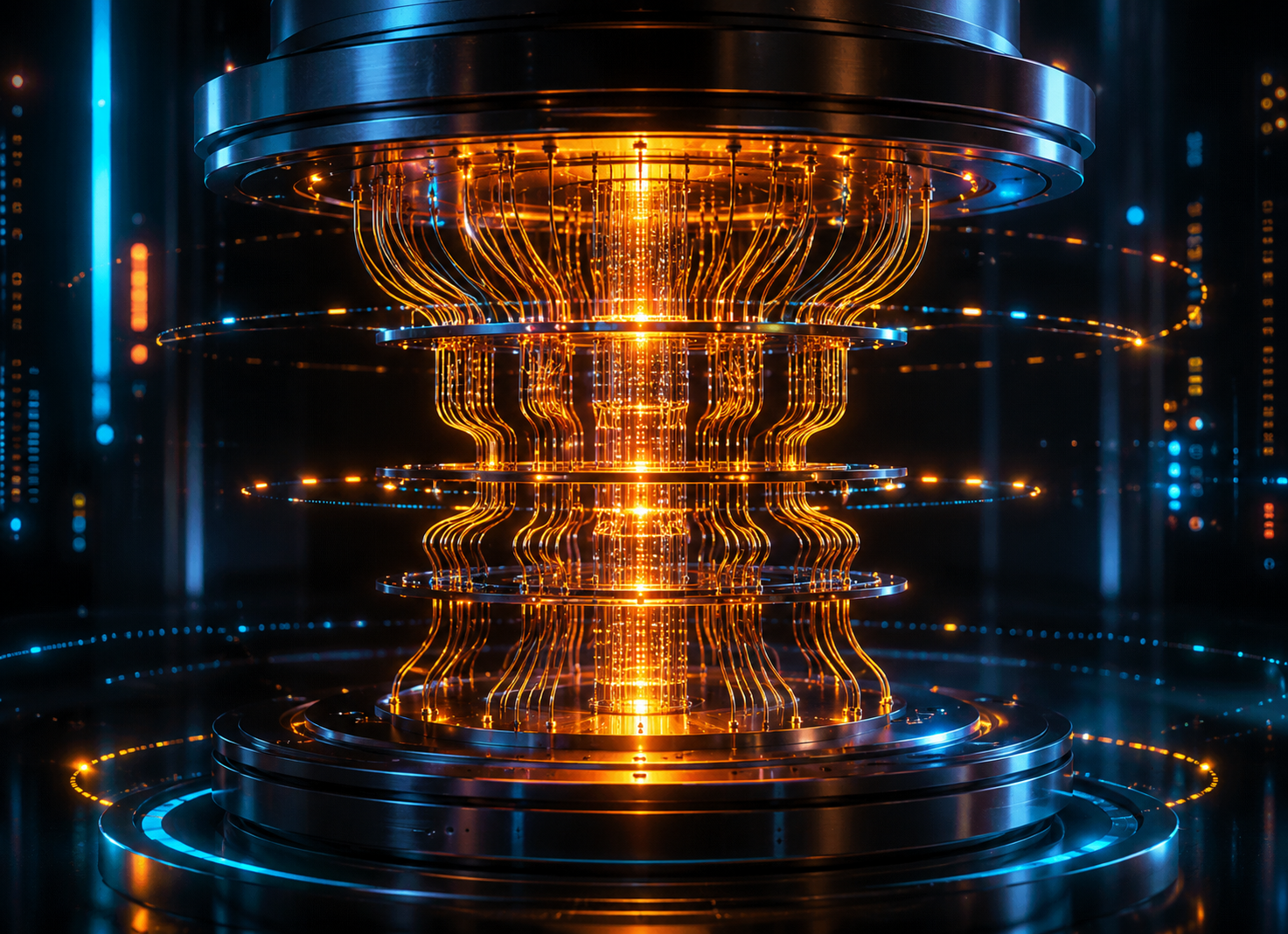Quantum computer cryostat with glowing golden wires cascading between metallic tiers